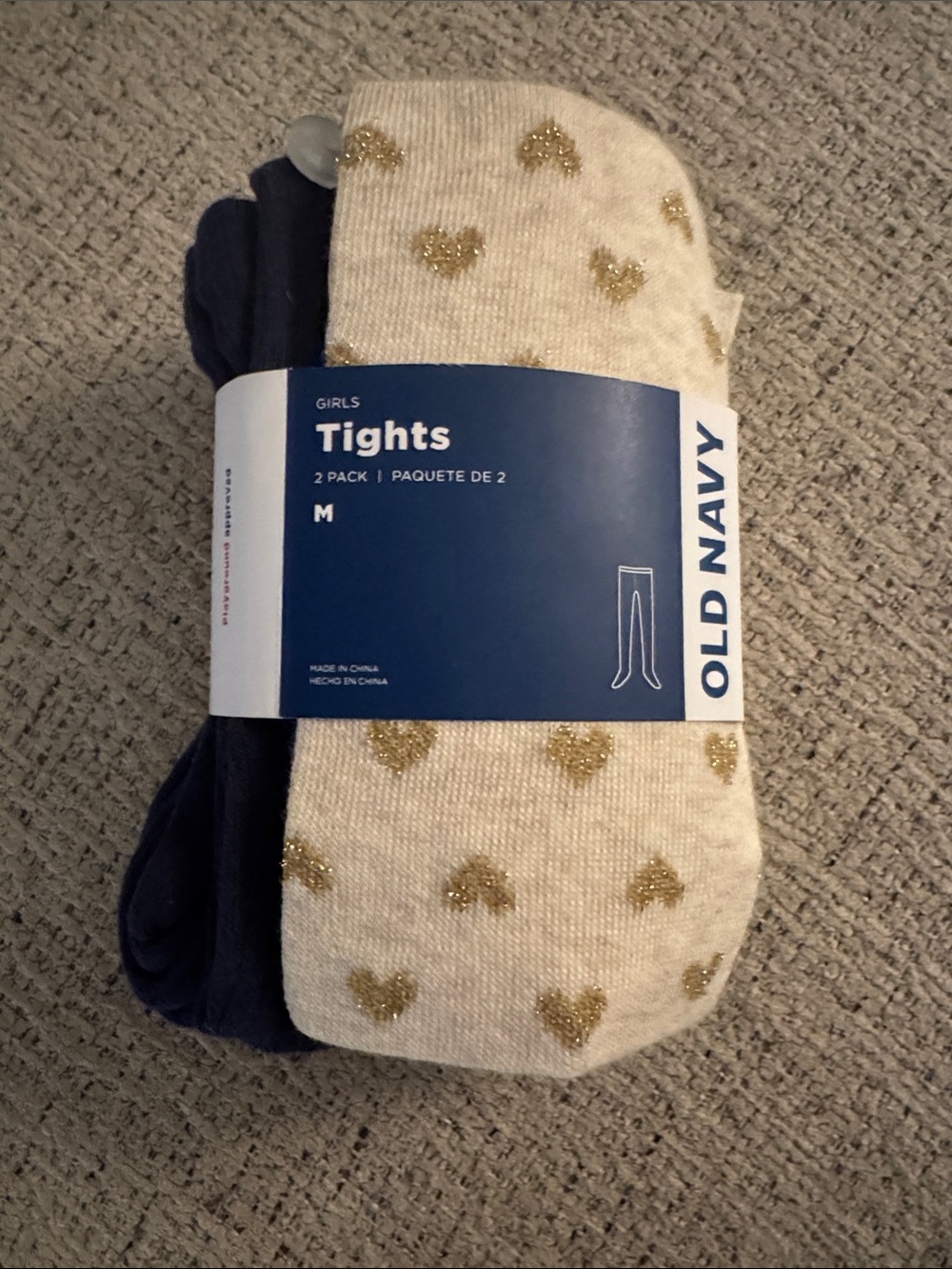 Old Navy Cream & Navy Girls' Tights with Gold Heart Accents - M